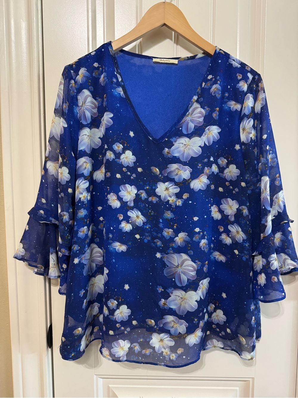 Bebonnie Royal Blue Floral Chiffon Blouse V-Neck Ruffle 3/4 Bell Sleeve L Lined